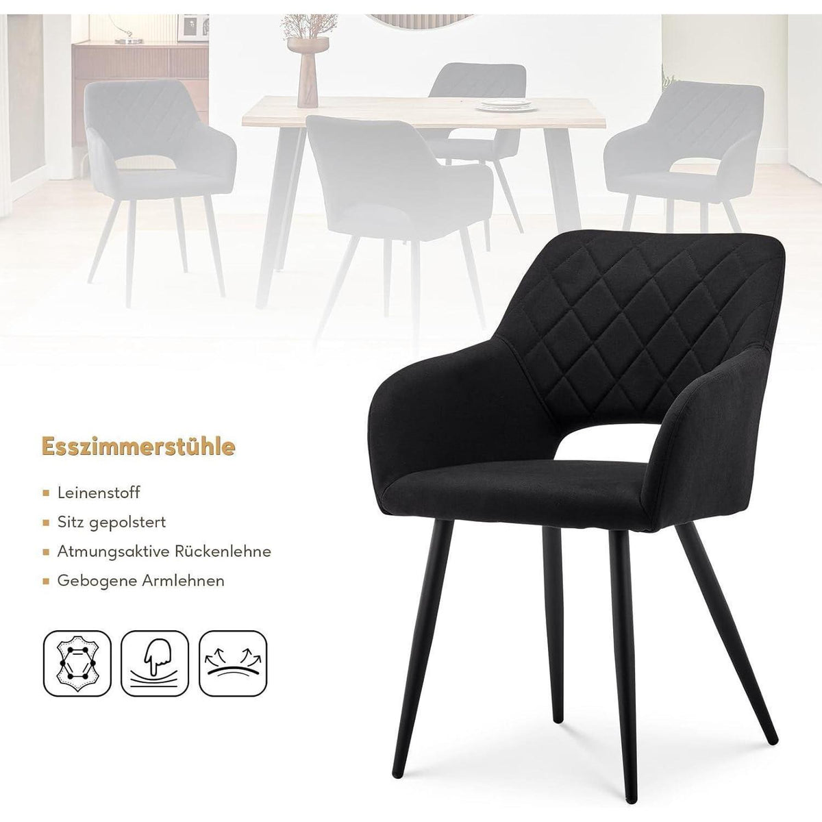 Esszimmerstühle 4er Set Leinen, gepolstert, Schwarz