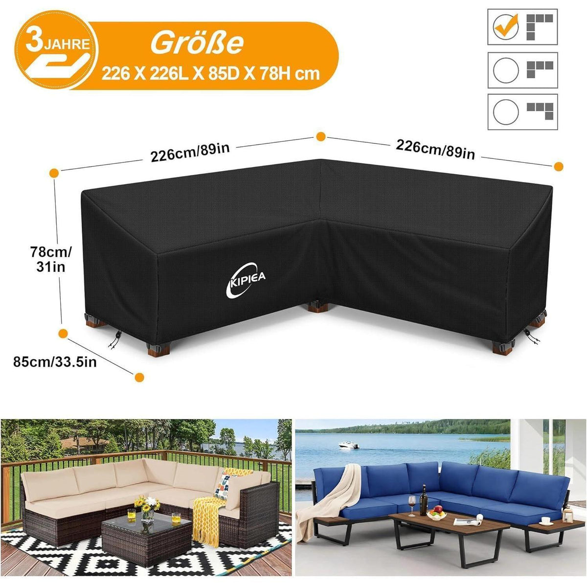 Loungemöbel Abdeckung L-Form Wasserdicht & Winterfest 226x226x85cm
