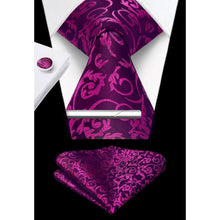 Herren Krawatten-Set mit Einstecktuch & Manschettenknöpfen, Heiß Rosa