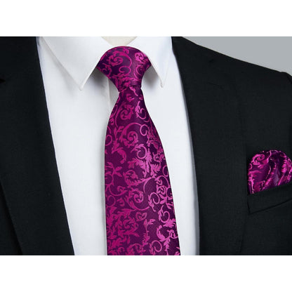 Herren Krawatten-Set mit Einstecktuch & Manschettenknöpfen, Heiß Rosa