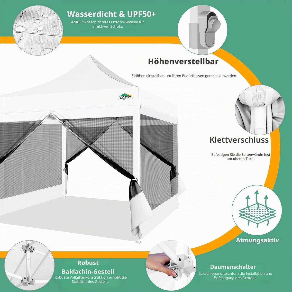 3x3m Faltpavillon wasserdicht mit Mesh-Seitenwänden