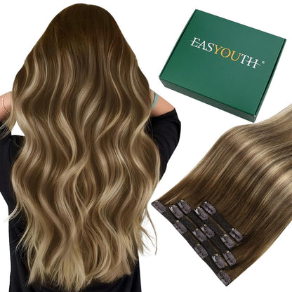 Echthaar Clip-in Extensions Ombre Braun Blond 55cm