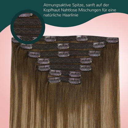 Echthaar Clip-in Extensions Ombre Braun Blond 55cm
