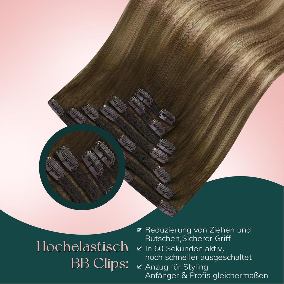 Echthaar Clip-in Extensions Ombre Braun Blond 55cm