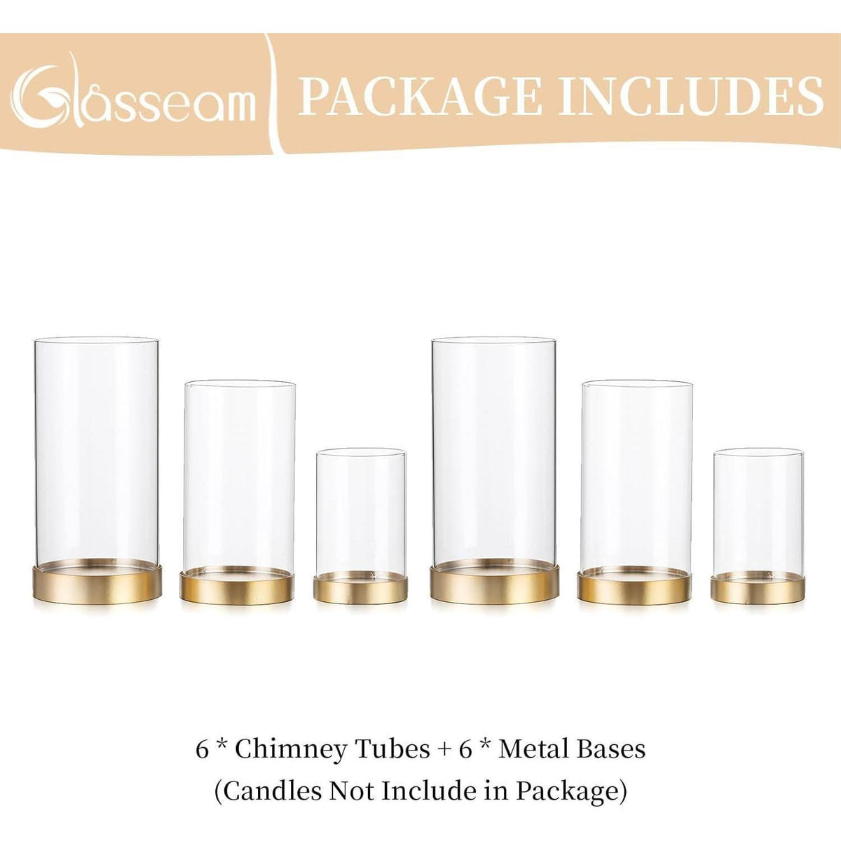 Windlicht Glas Kerzenhalter 6er Set Groß Gold mit Zylinder für Deko