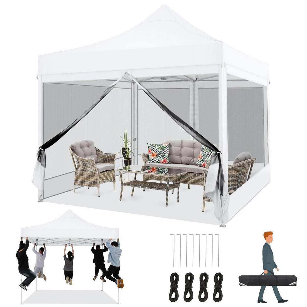 Faltpavillon 3x3 Wasserdicht mit Seitenwänden & Moskitonetz