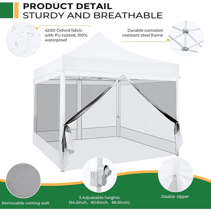 Faltpavillon 3x3 Wasserdicht mit Seitenwänden & Moskitonetz