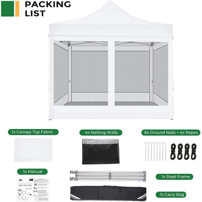 Faltpavillon 3x3 Wasserdicht mit Seitenwänden & Moskitonetz
