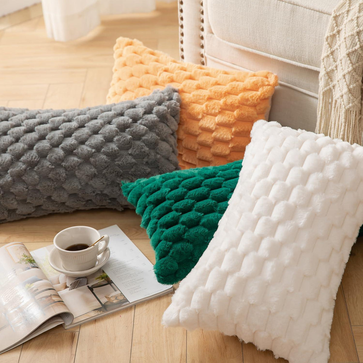 2x Plüsch Kissenbezug 45x45 cm Cremeweiß – Weiche Wollsamt Dekokissen
