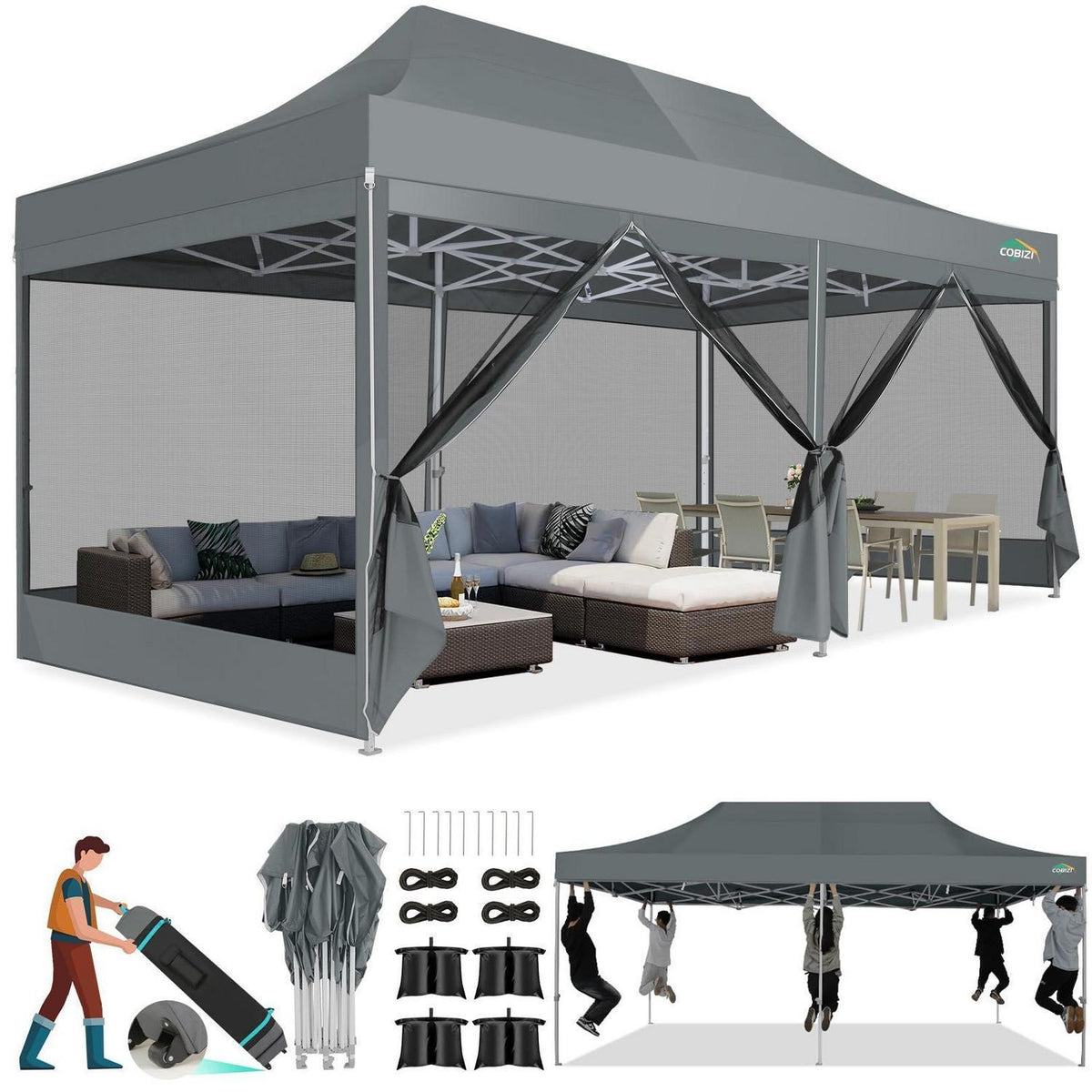 Faltpavillon 3x6m mit Moskitonetz & UV-Schutz