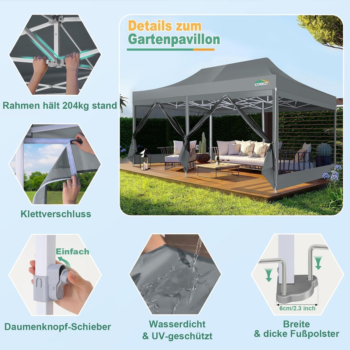 Faltpavillon 3x6m mit Moskitonetz & UV-Schutz
