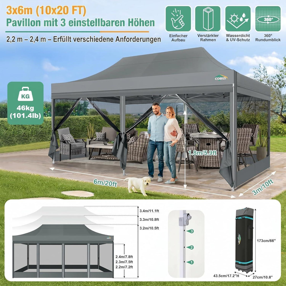 Faltpavillon 3x6m mit Moskitonetz & UV-Schutz
