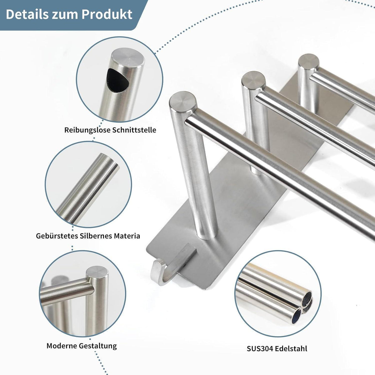 Selbstklebender Handtuchhalter 3 Stangen 60cm Edelstahl gebürstet