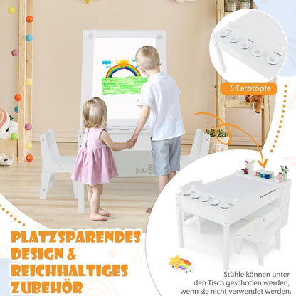 Kindertisch mit 2 Stühlen und Stauraum, kippbar, weiß