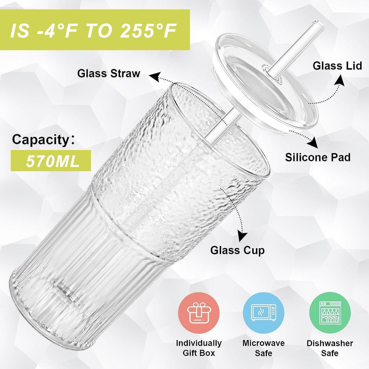 Bubble Tea Glasbecher 570ML mit Glasdeckel und Strohhalm - 2er Pack