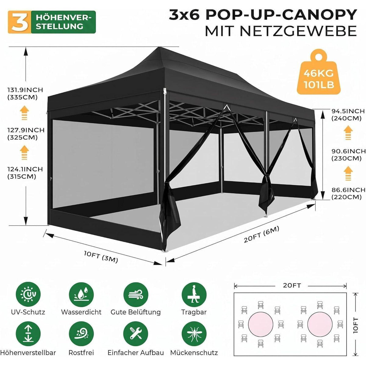 Faltpavillon 3x6m – Wasserdicht, Stabil & Mit Seitenwänden