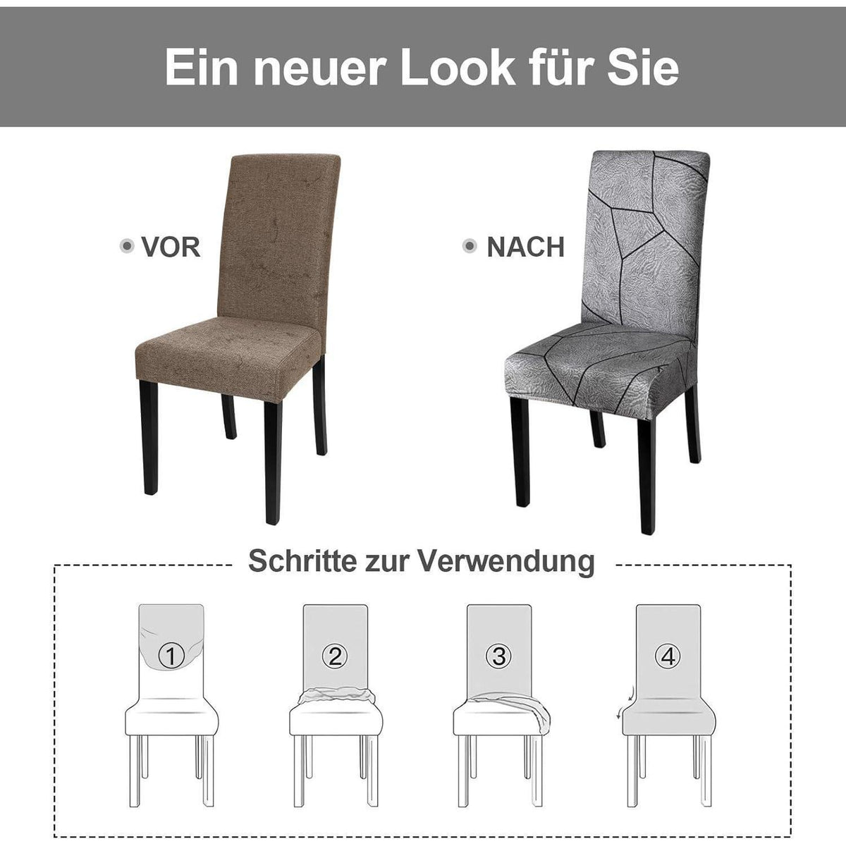 Stretch Stuhlhussen Set Grau Marmor – 6 Stück