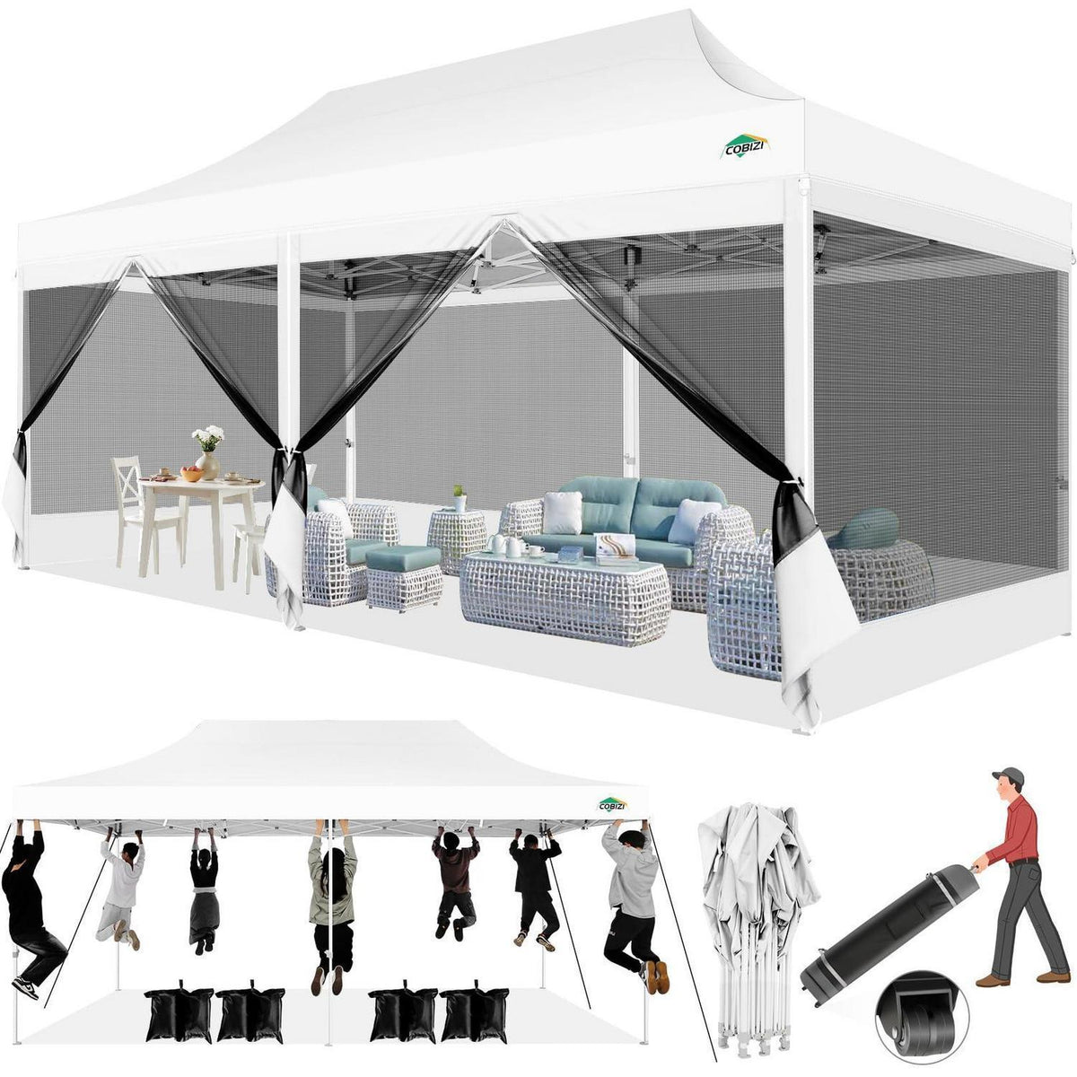 3x6m Faltpavillon wasserdicht – Pop-up Partyzelt mit Mesh-Wänden