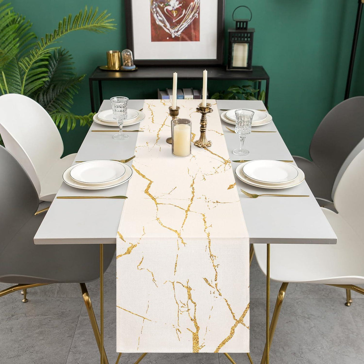 Moderner Tischläufer Weiß Marmor Gold 33x183 cm Leinen