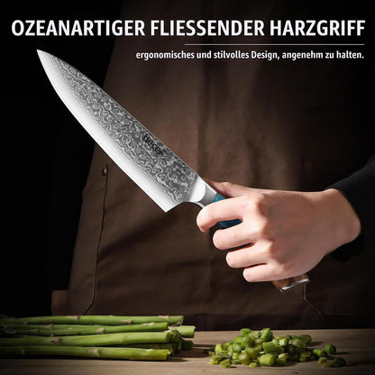 20cm Damast Kochmesser VG10 Stahlkern | Blauer Harzgriff