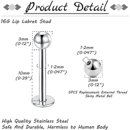 12er Lippenpiercing Set Chirurgenstahl Labret Helix Tragus 1,2mm 10mm Silber