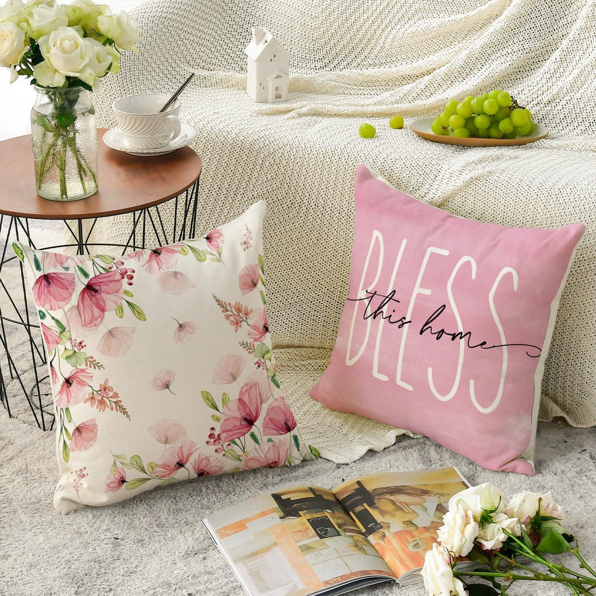 Kissenbezüge Klatschmohn 4er Set 45x45 cm Rosa/Beige