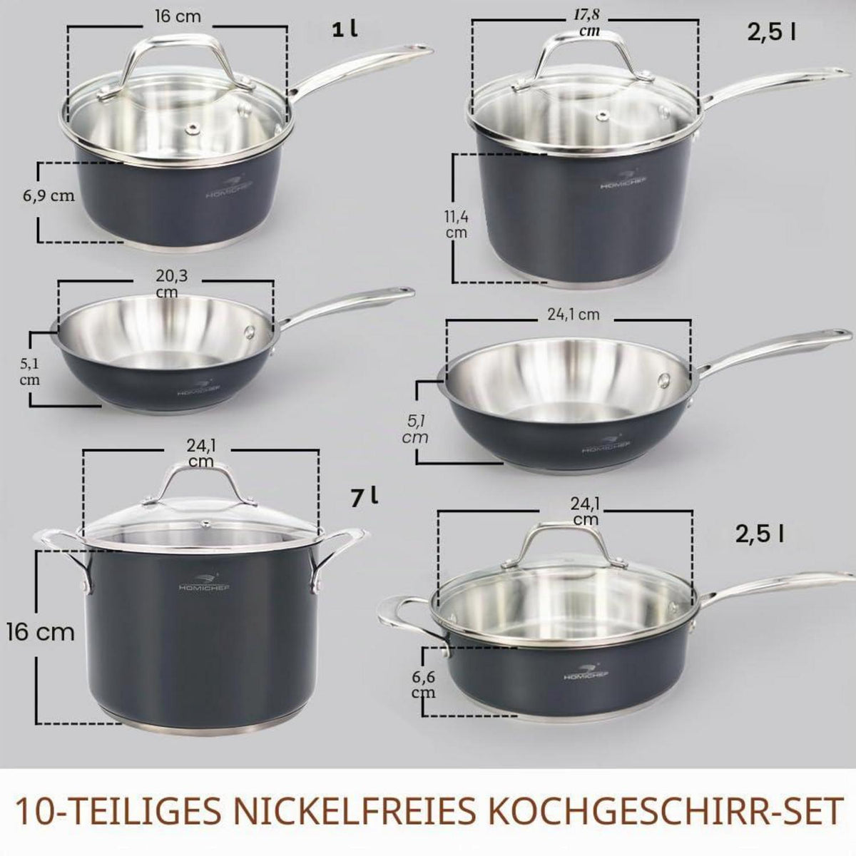 10-teiliges Edelstahl Kochgeschirr-Set Marinegrau – Nickelfrei & Gesund