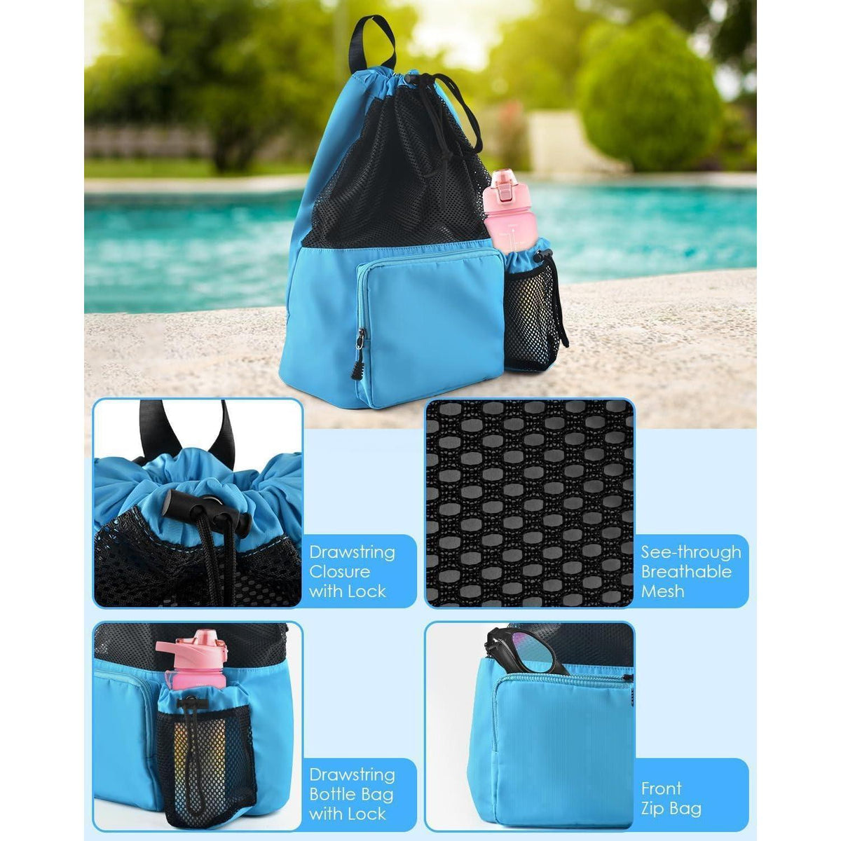 Mesh-Rucksack mit Kordelzug, wasserdicht, für Sport & Strand