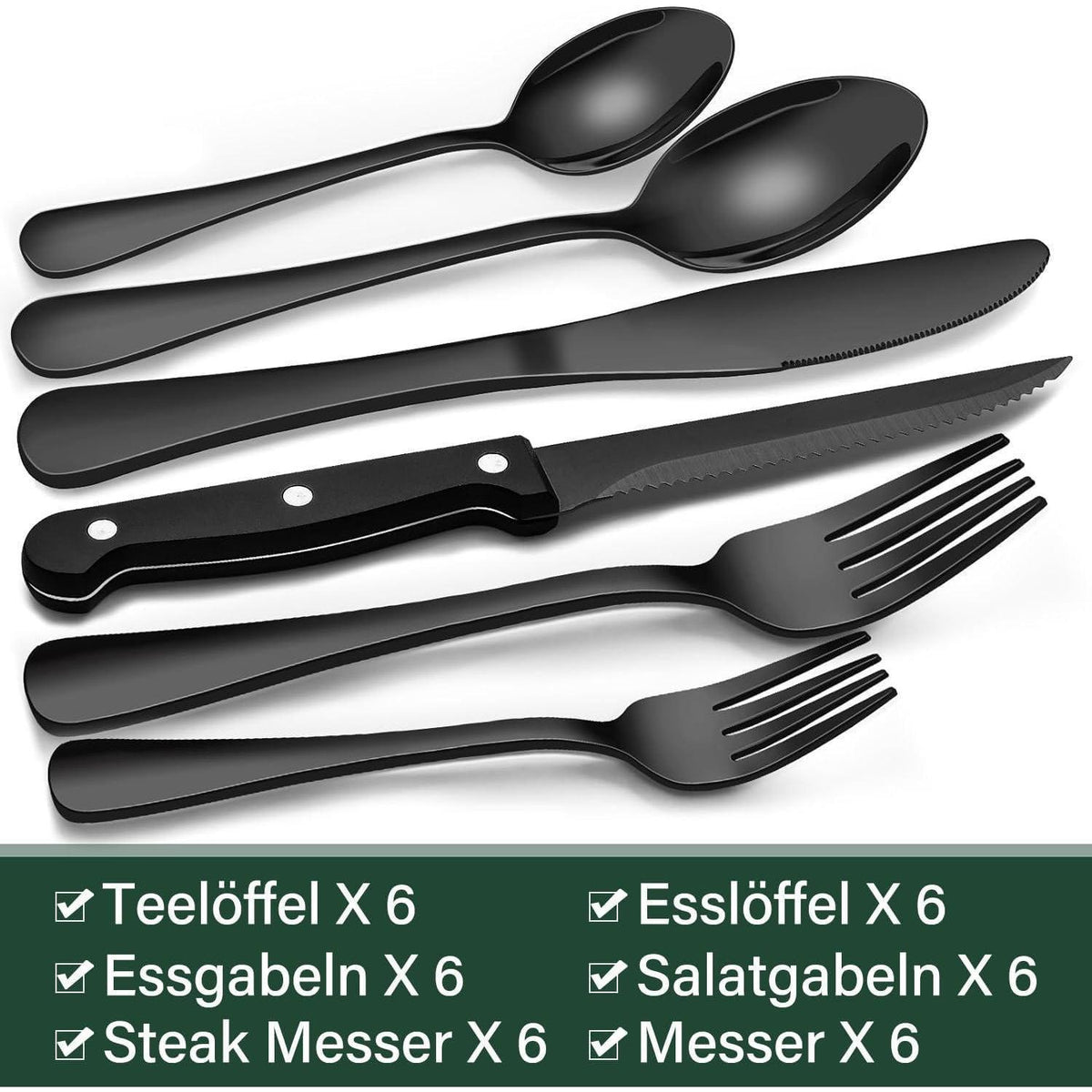 36-teiliges Besteckset für 6 Personen, Schwarz, Edelstahl, mit Steakmessern