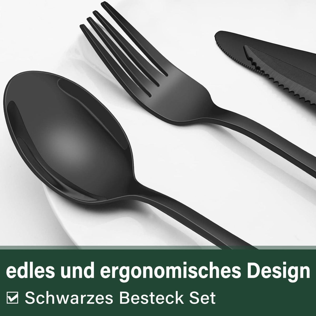 36-teiliges Besteckset für 6 Personen, Schwarz, Edelstahl, mit Steakmessern