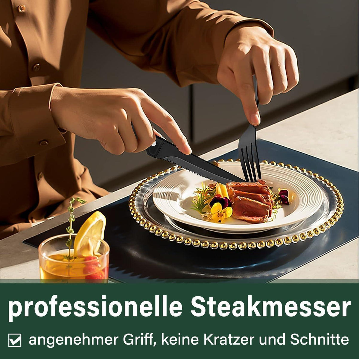 36-teiliges Besteckset für 6 Personen, Schwarz, Edelstahl, mit Steakmessern