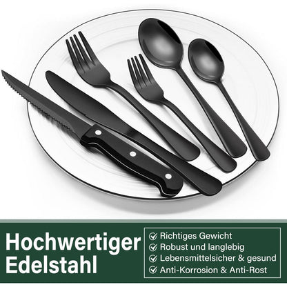 36-teiliges Besteckset für 6 Personen, Schwarz, Edelstahl, mit Steakmessern
