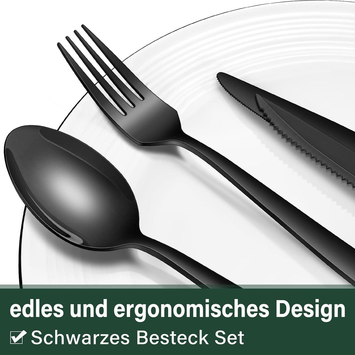 36-teiliges Edelstahl Besteckset für 6 Personen, Schwarz, Matt