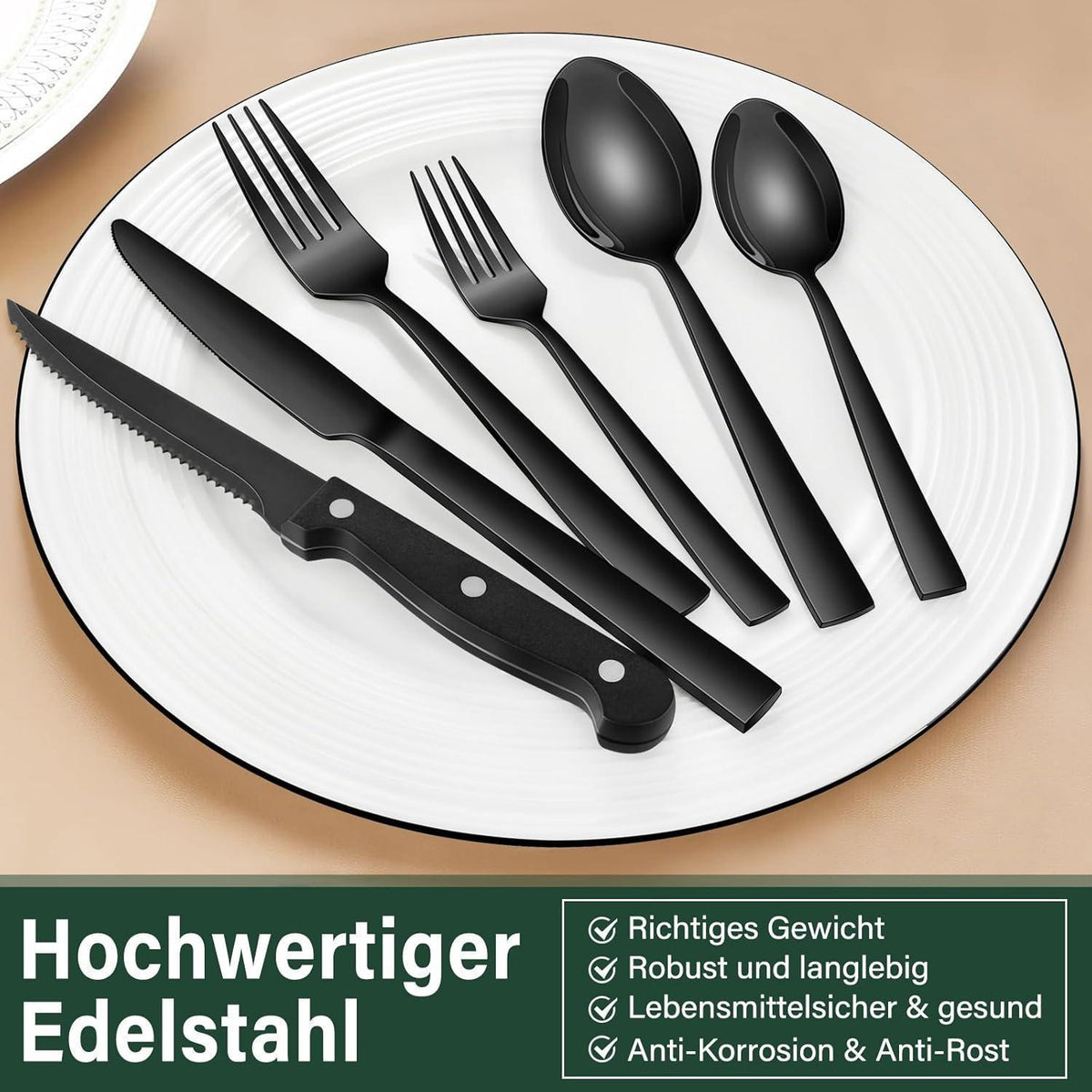 36-teiliges Edelstahl Besteckset für 6 Personen, Schwarz, Matt