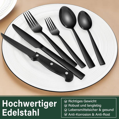 36-teiliges Edelstahl Besteckset für 6 Personen, Schwarz, Matt