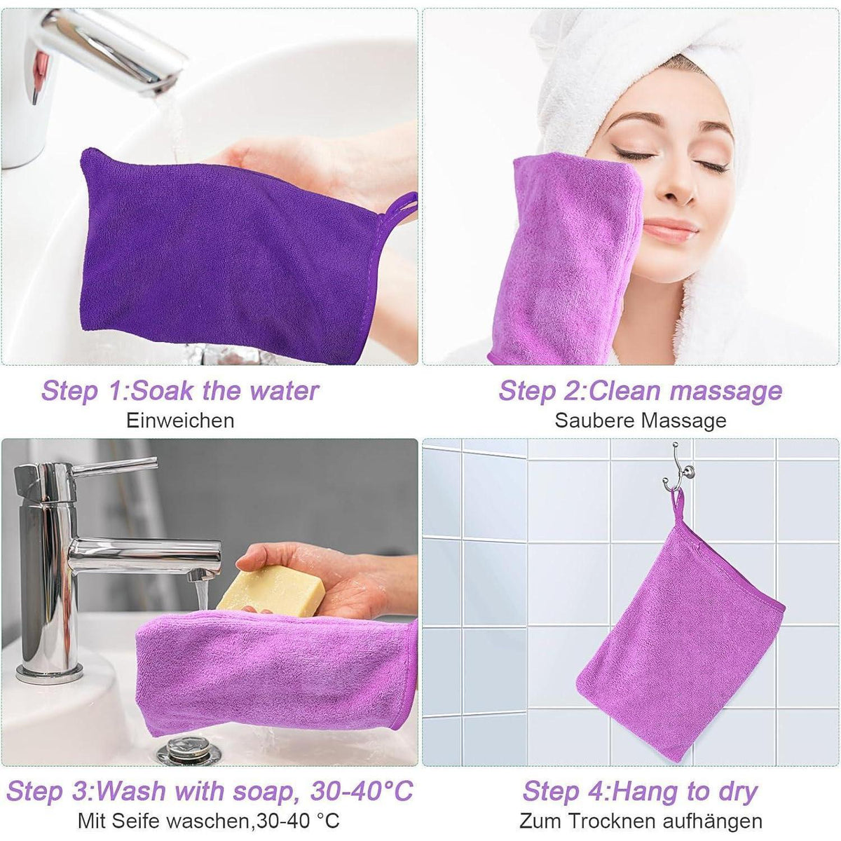 Mikrofaser Waschhandschuhe Lila 6er Pack für Gesicht & Körper