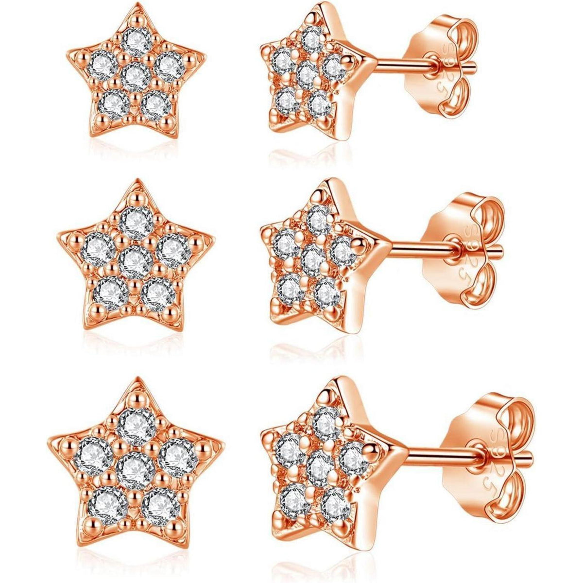 925 Sterling Silber Ohrstecker Set 3 Paar Zirkonia Herz Stern 4-6mm Rosegold