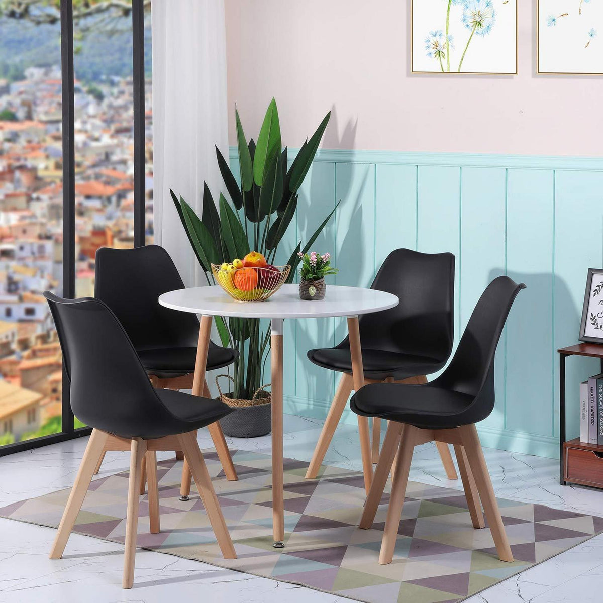 Runder Esstisch Set für 4 Personen – Weißer Tisch + 4 Schwarz Stühle