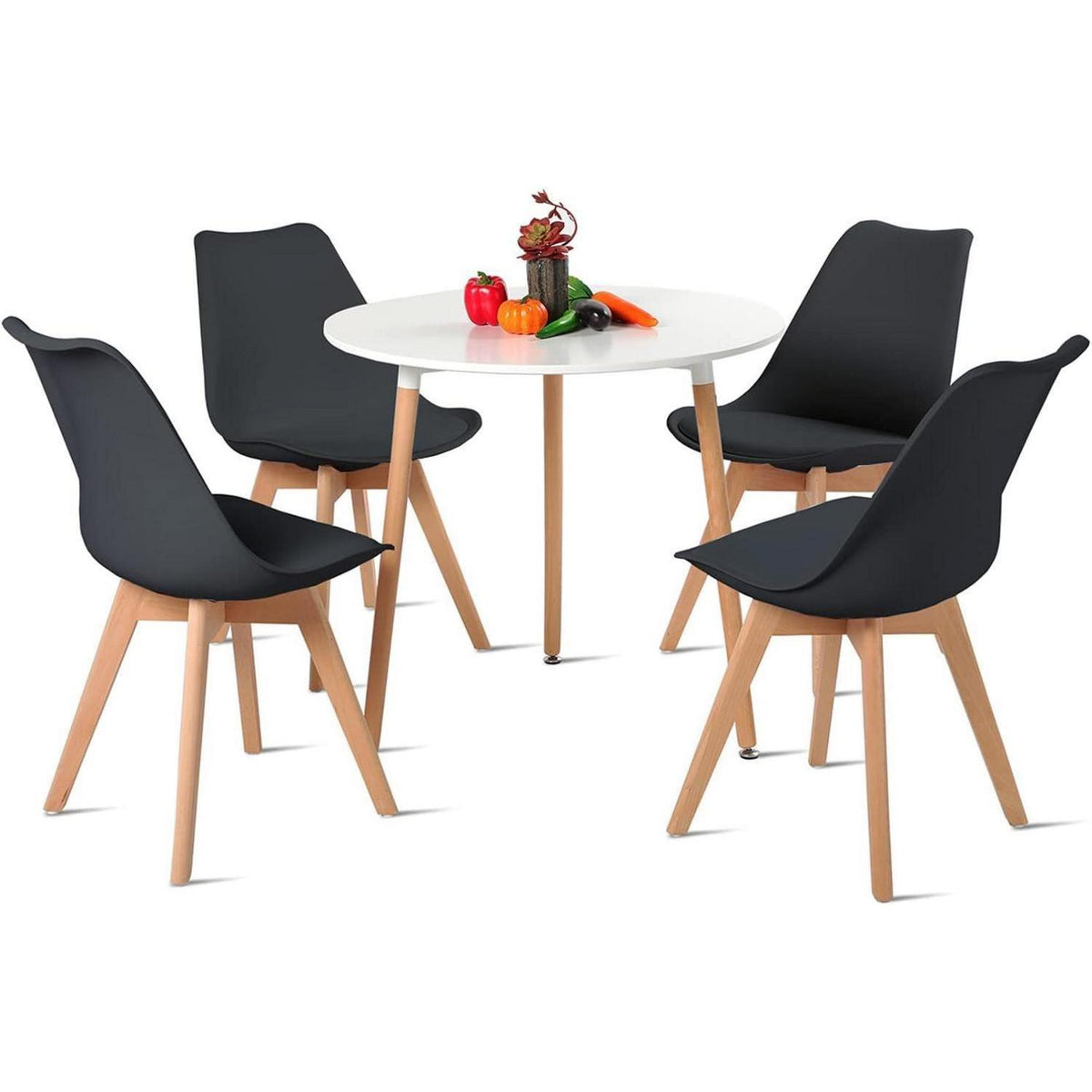 Runder Esstisch Set für 4 Personen – Weißer Tisch + 4 Schwarz Stühle