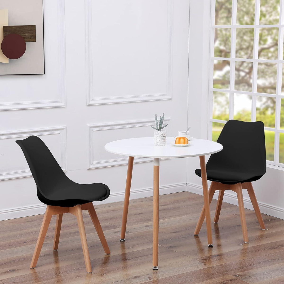 Runder Esstisch Set für 2 Personen – Weißer Tisch + 2 Schwarz Stühle
