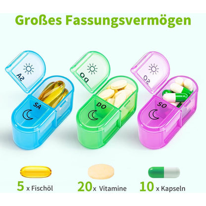7-Tage Tablettenbox Morgens Abends, Pillendose mit 14 Fächern, Schwarz