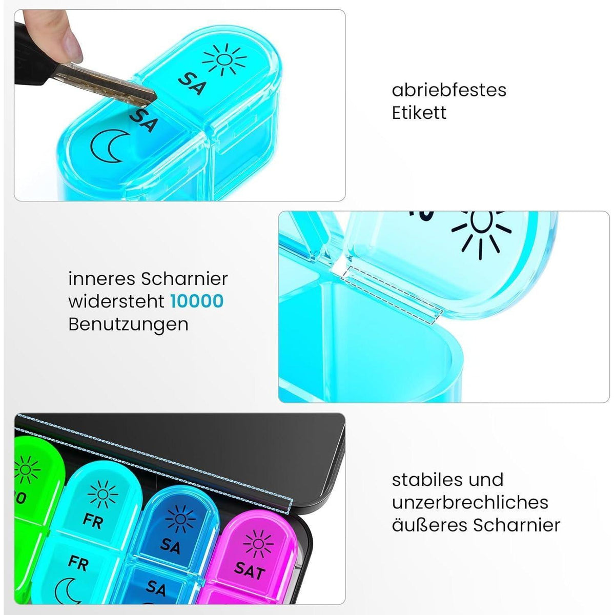 7-Tage Tablettenbox Morgens Abends, Pillendose mit 14 Fächern, Schwarz