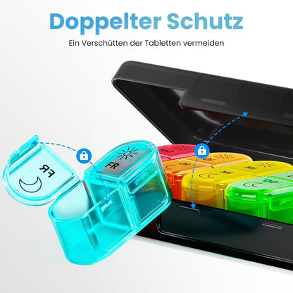 7-Tage Tablettenbox Morgens Abends, Pillendose mit 14 Fächern, Schwarz