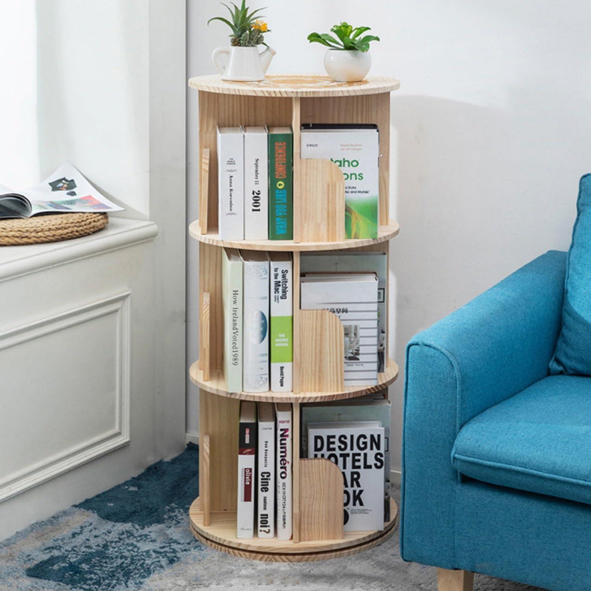 Drehbares Bücherregal Kiefernholz – 3-stöckig, 44cm Durchmesser