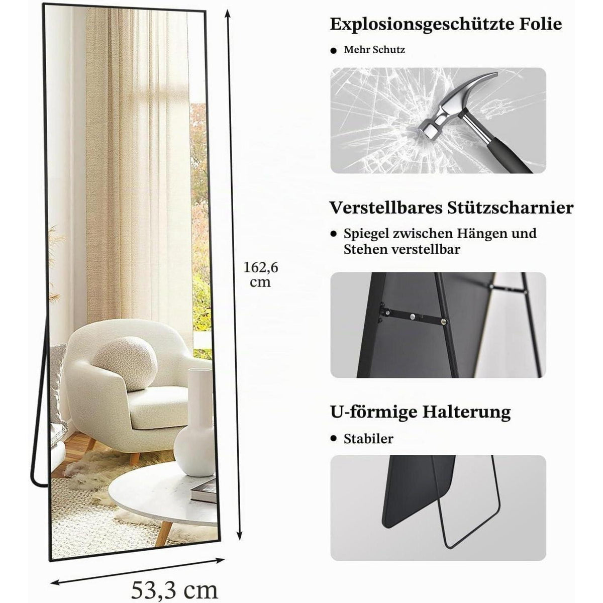 Ganzkörperspiegel Standspiegel 161x52cm Schwarz – Geschenkidee