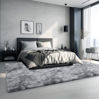 Hochflor Teppich Grau 140x200 – Flauschiger Wohnzimmerteppich Waschbar