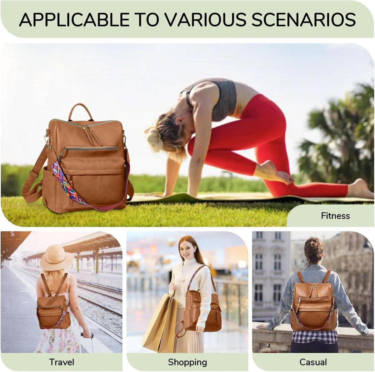 Damen-Rucksack wasserdicht leicht Mehrzweck PU-Leder Rucksack Braun
