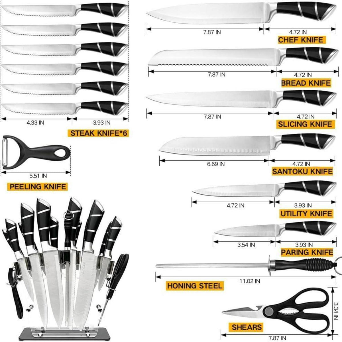 16-teiliges Küchenmesser-Set mit Messerblock – Edelstahl & Acryl