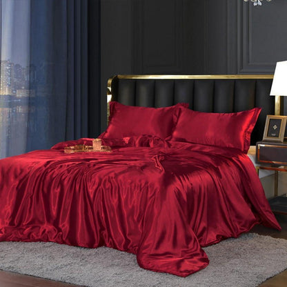 Bettwäsche-Set 135x200 cm, 4-teilig, Rot/Weinrot, Satin Glanz
