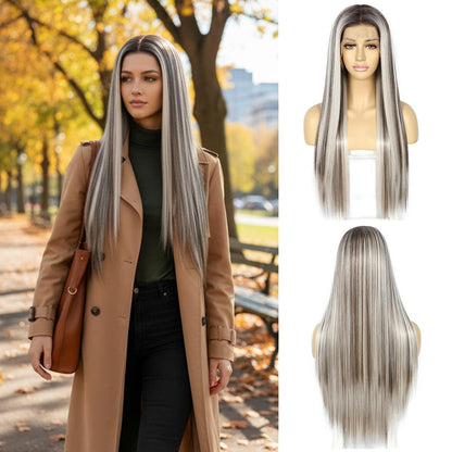 Lange Gerade Perücke 26 Zoll, Eschenweiß Lace Front Perücke